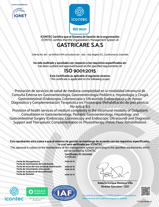 Certificado Icontec ISO 9001 GastriCare