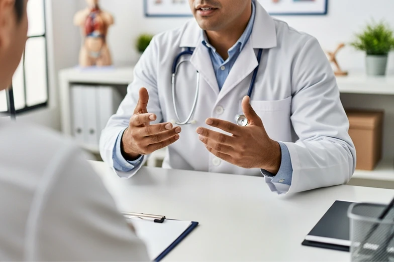 Médico gastroenterólogo hablando con su paciente