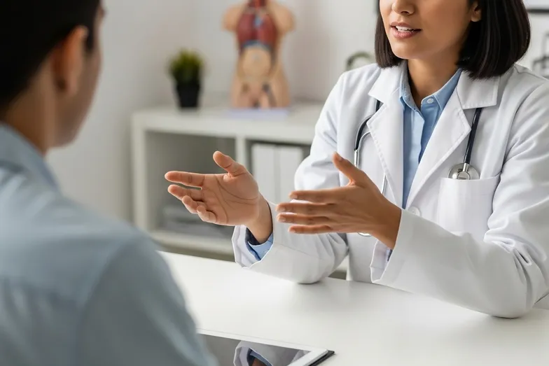 Médico gastroenteróloga conversando con su paciente