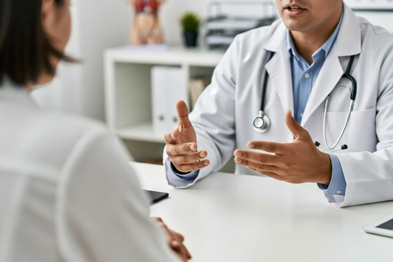 El especialista realiza una valoración médica integral del paciente Gastroenterólogo explicando a su paciente el procedimiento de balón gástrico