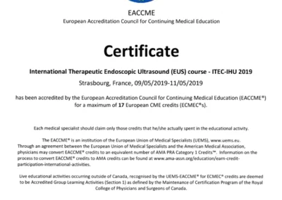 Certificado del curso europeo de ultra sonido por el Dr. Elías Alfonso Forero