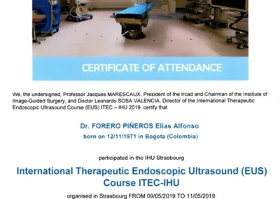 Certificado del curso internacional de ultra sonido por el Dr. Elías Alfonso Forero