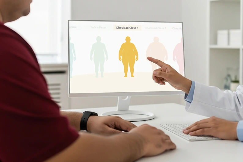 Gastroenterólogo indicando al paciente su tipo de obesidad