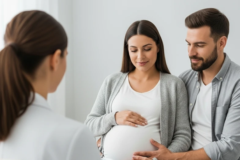 Preparación para ejercicios postparto Pareja en consulta de fisioterapia piso pélvico preparándose para ejercicios postparto