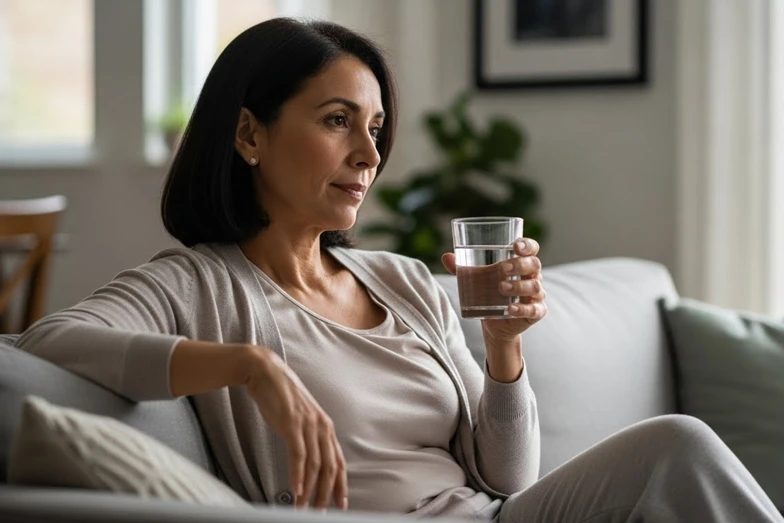 El descanso ayuda a la recuperación de una ecografia endoscopica Mujer sentada tomando agua mientras se recupera del procedimiendo de ecografia endoscopica